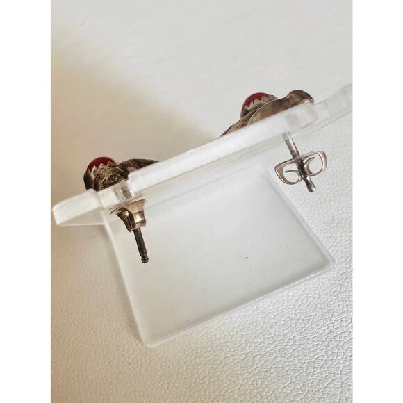 Vintage Sterling Silver Red Coral Earrings Twisted Native Boho Style Pierced - Picture 3 of 7